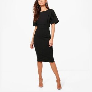 Boohoo Black Midi Sheath Dress with Short Batwing Sleeves size 6 great
